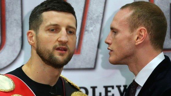 Carl Froch (left) and George Groves go head to head during a press conference at the Manchester Conference Centre