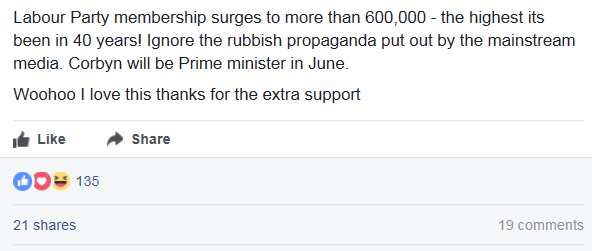 Post highlighting Labour's 600,000 strong membership and stating that Corbyn will win in June