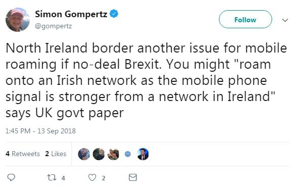 A tweet from Simon Gompertz reading "North Ireland border another issue for mobile roaming if no-deal Brexit. You might 'roam onto an Irish network as the mobile phone signal is stronger from a network in Ireland' says UK govt paper"