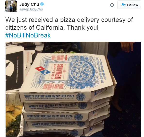 Tweet from @RepJudyChu with image of pizza boxes: "We just received a pizza delivery courtesy of citizens of California. Thank you! #nobillnobreak"