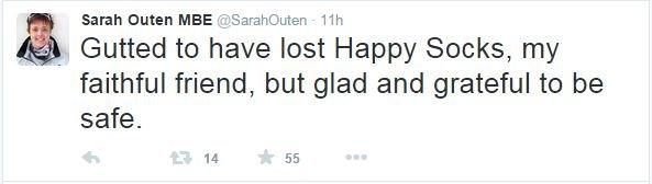 Sarah Outen tweeted that she is "gutted to have lost Happy Socks, my faithful, but glad and grateful to be safe."