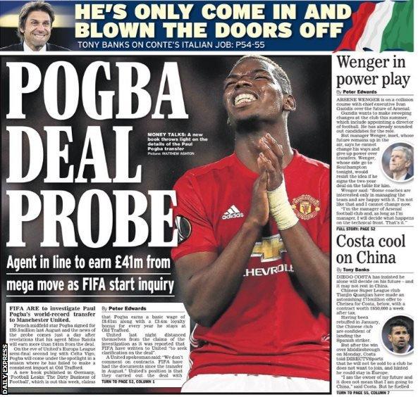 The Daily Express leads on news of an inquiry into the deal which took Paul Pogba to Manchester United