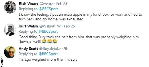 Twitter users mock Deontay Wilder for saying he lost against Tyson Fury because his ring-walk suit was too heavy. One user jokes that Wilder's ego weighed more than his suit