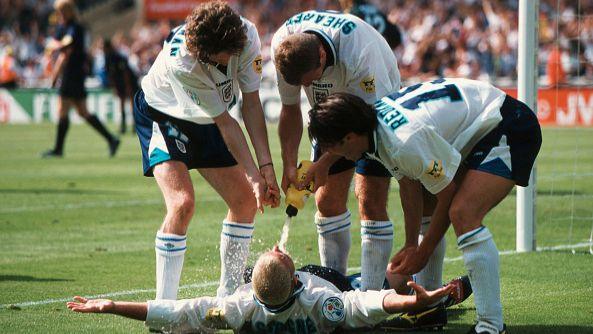 Paul Gascogine's 'dentist's chair' celebration at Euro 96, with teammates Steve McManaman, Alan Shearer and Jamie Redknapp.