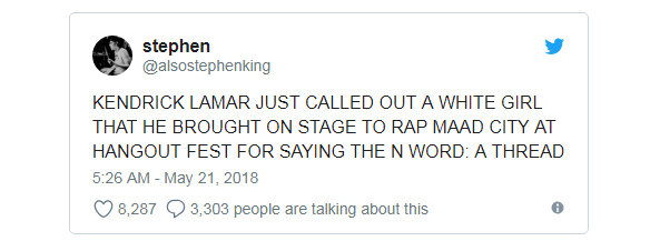 A tweet about Kendrick Lamar calling out a fan for using the N-word