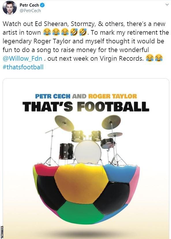 Petr Cech and Roger Taylor single cover, showing a drum kit on top of a multicoloured football