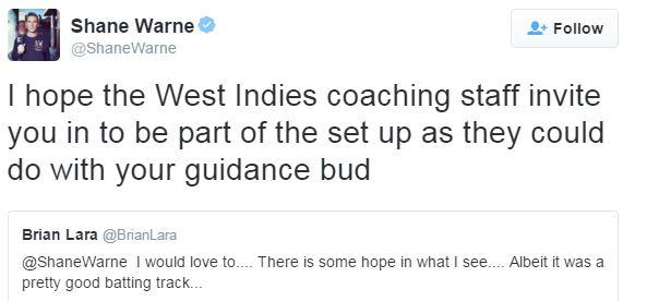 Brian Lara tweets to Shane Warne