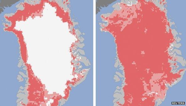 Nasa images reveal the extent of the surface melt over Greenland’s ice sheet on July 8 (l) and July 12 (r)