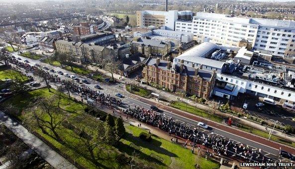 Protesters marching past Lewisham hospital