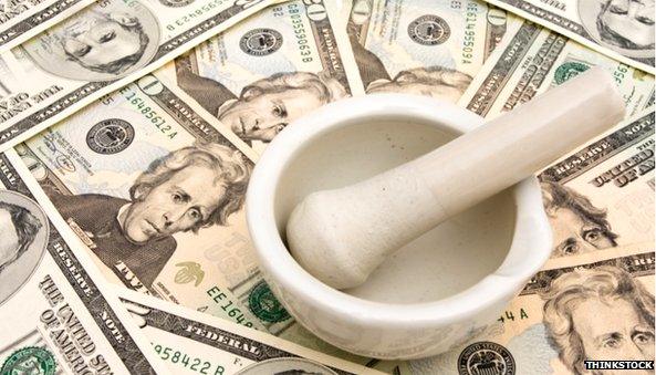 Pestle and mortar on dollar bills