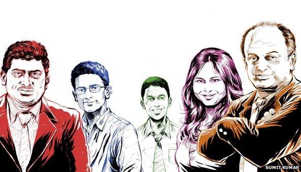 (From left) Nandan Nilekani, Ben Gomes, Rikin Gandhi, Ruchi Sanghvi and Sanjeev Bikhchandani - Illustrators: Sumit Kumar & Sumit Kumar