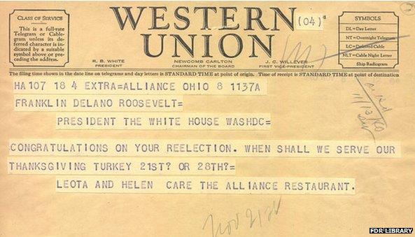 Western Union telegraph protesting Thanksgiving change