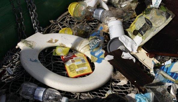 Rubbish collected by a garbage-collecting barge at the Guanabara Bay