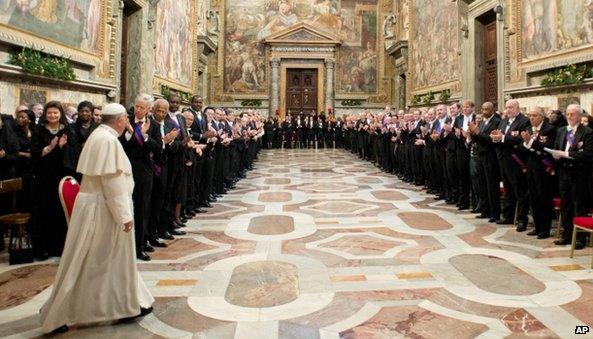 Pope Francis meets ambassadors to the Holy See at the Vatican on Monday 13 January