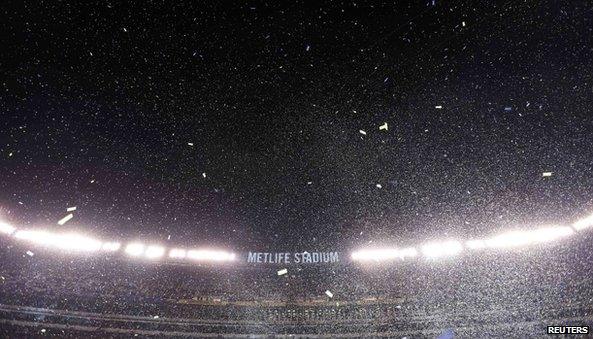 Confetti floats in the air during post game celebrations as the Seattle Seahawks defeated the Denver Broncos in the NFL Super Bowl XLVIII football game in East Rutherford, New Jersey, on 2 February 2014.