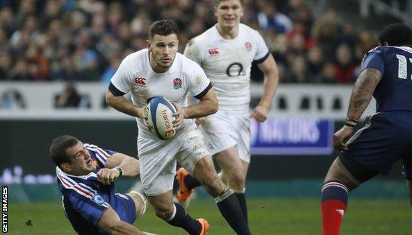 France"s lock Yoann Maestri (L) falls next to England"s scrum-half Danny Care