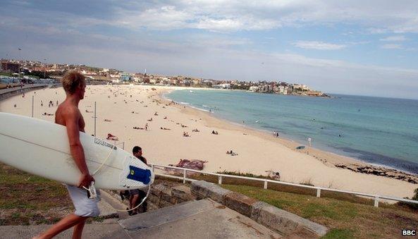 Surfer with his surfboard at Bondi Beach near Sydney