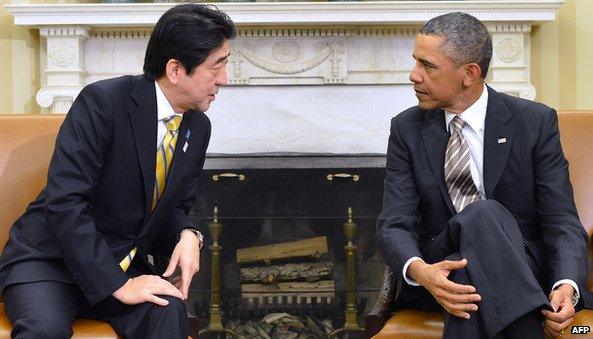 A meeting between Japanese Prime Minister Shinzo Abe and US President Obama at the White House in February