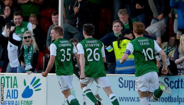 Jason Cummings wheels away after scoring for Hibs