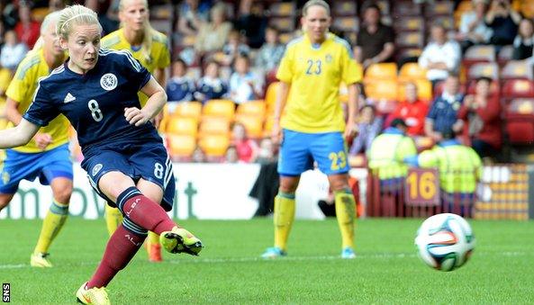 Kim Little scores a spot-kick against Sweden but Scotland lost out 3-1 against Pia Sundhage's side