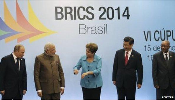 Russian President Vladimir Putin, Indian Prime Minister Narendra Modi, Brazilian President Dilma Rousseff, Chinese President Xi Jinping and South African President Jacob Zuma