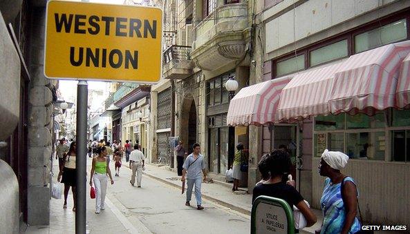 Western Union sign on street in Cuba