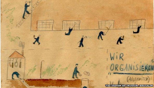 Thomas Geve (b. 1929), We are "Organizing", Buchenwald DP camp, 1945, Pencil, coloured pencil and watercolour on paper, 10X15 cm, Collection of the Yad Vashem Art Museum, Jerusalem, Gift of the artist