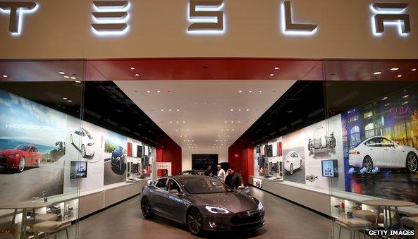 Tesla car on display in mall in Florida