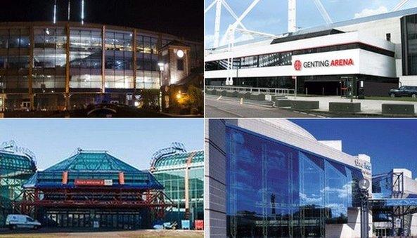 Clockwise from top Barclaycard Arena, Genting Arena, ICC and the NEC