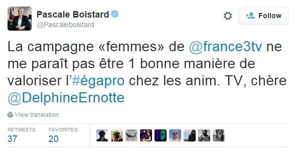 Tweet by French women's minister Pascale Boistard: "The 'women' campaign of @france3tv does not seem like a good way to promote professional equality"