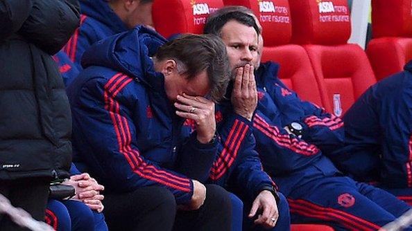 Manchester United manager Louis van Gaal reacts during his side's defeat at Stoke City