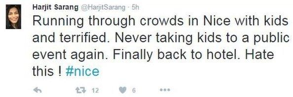 Twitter screenshot "Running through crowds in Nice with kids and terrified."