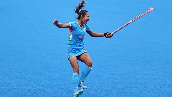 Chanu Pukhrambam Sushila of Team India celebrates their 1-0 win after the Women's Quarterfinal match between Australia and India on day ten of the Tokyo 2020 Olympic Games at Oi Hockey Stadium on August 02, 2021 in Tokyo, Japan.