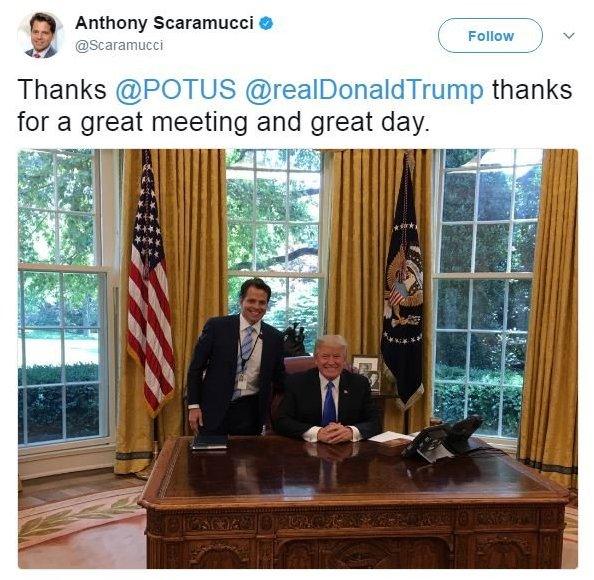 On June 29, Anthony Scaramucci tweeted a picture of himself with Donald Trump, smiling broadly, which reads: "Thanks @POTUS @realDonaldTrump thanks for a great meeting and great day."