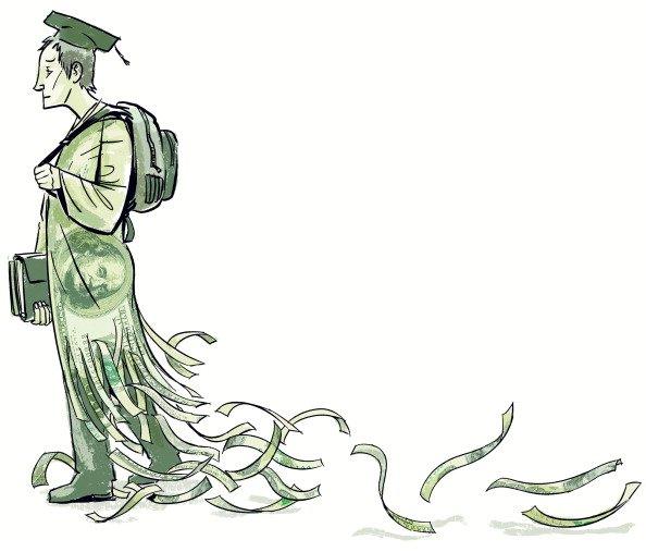 Cartoon of student leaking money from his graduation gown