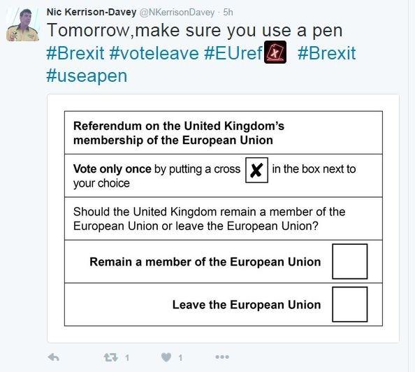 Tweet reads tomorrow, make sure you use a pen. Hashtag Brexit, hashtag vote leave, hashtag EURef, hashtag useapen