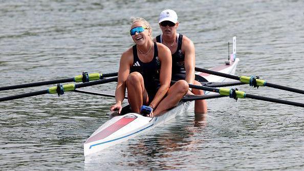 Mathilda Hodgkins Byrne and Rebecca Wilde of Team Great Britain react after winning the bronze medals following the Women's Double Sculls Final A on day six of the Olympic Games Paris 2024