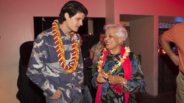  Jeff Petersen and Indru Watumull seen before a live concert of the musicians featured on the movie "The Descendants" on April 14, 2012 in Honolulu, Hawaii