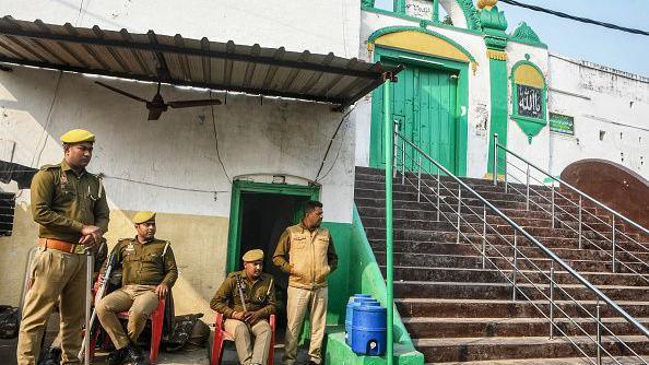 State police personnel are deployed outside the Shahi Jama Masjid following religious violence in Sambhal on November 25, 2024.