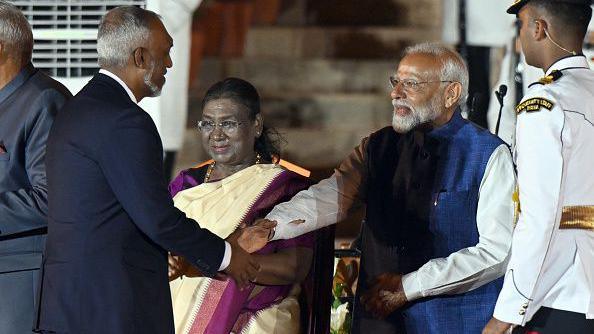 Maldives president Mohamed Muizzu (left) meets Indian Prime Minister Narendra Modi during the 