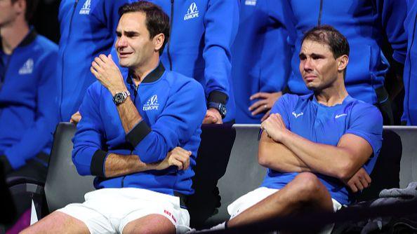 Roger Federer and Rafael Nadal both cry after Federer's final professional match at the 2022 Rod Laver Cup.