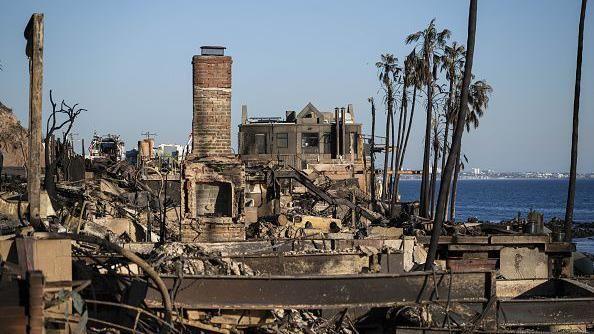 Remains of houses burned by wildfires in Los Angeles