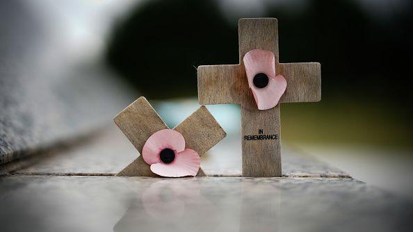 Crosses and poppies are placed atop the Afghanistan Camp Bastion Memorial at The National Memorial Arboretum. The image has a dark filter and one of the crosses has the words 'in remembrance'. 