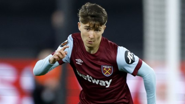 George Earthy in action on the football pitch. He is wearing a West Ham shirt