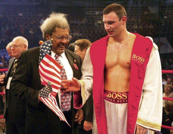 Don King celebrating with Vitali Klitschko in the ring in 2005.