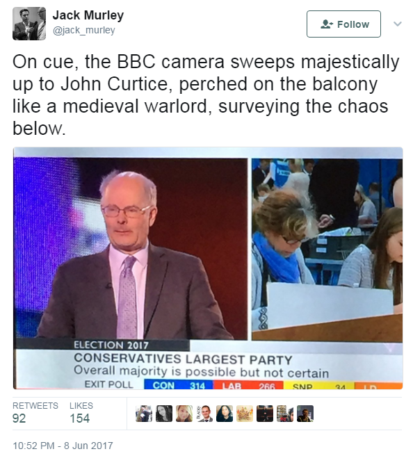 Tweet, saying that Curtice is "surveying the chaos below"