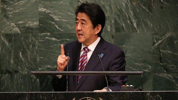 Prime Minister of Japan Shinzo Abe addresses the United Nations General Assembly at UN headquarters on September 29, 2015 in New York City.