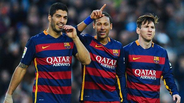 Barcelona goalscoring trio Luis Suarez (left), Neymar and Lionel Messi (right)