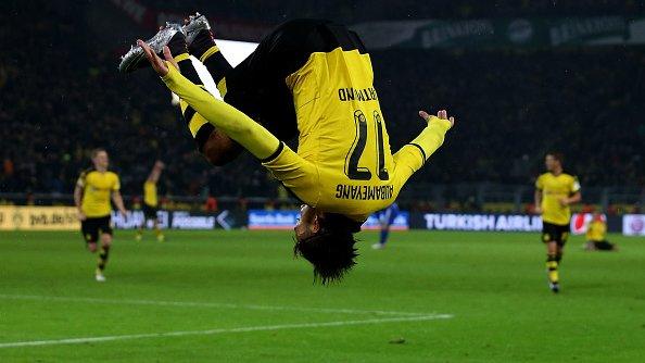 Pierre-Emerick Aubameyang celebrates scoring for Borussia Dortmund against Ingolstadt