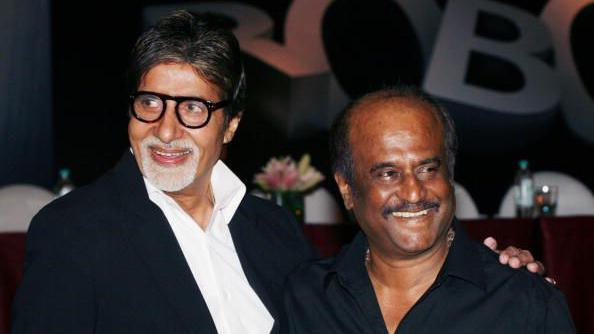 Amitabh Bachchan and Rajinikanth during the music launch of the film 'Robot' in Mumbai on August 14, 2010